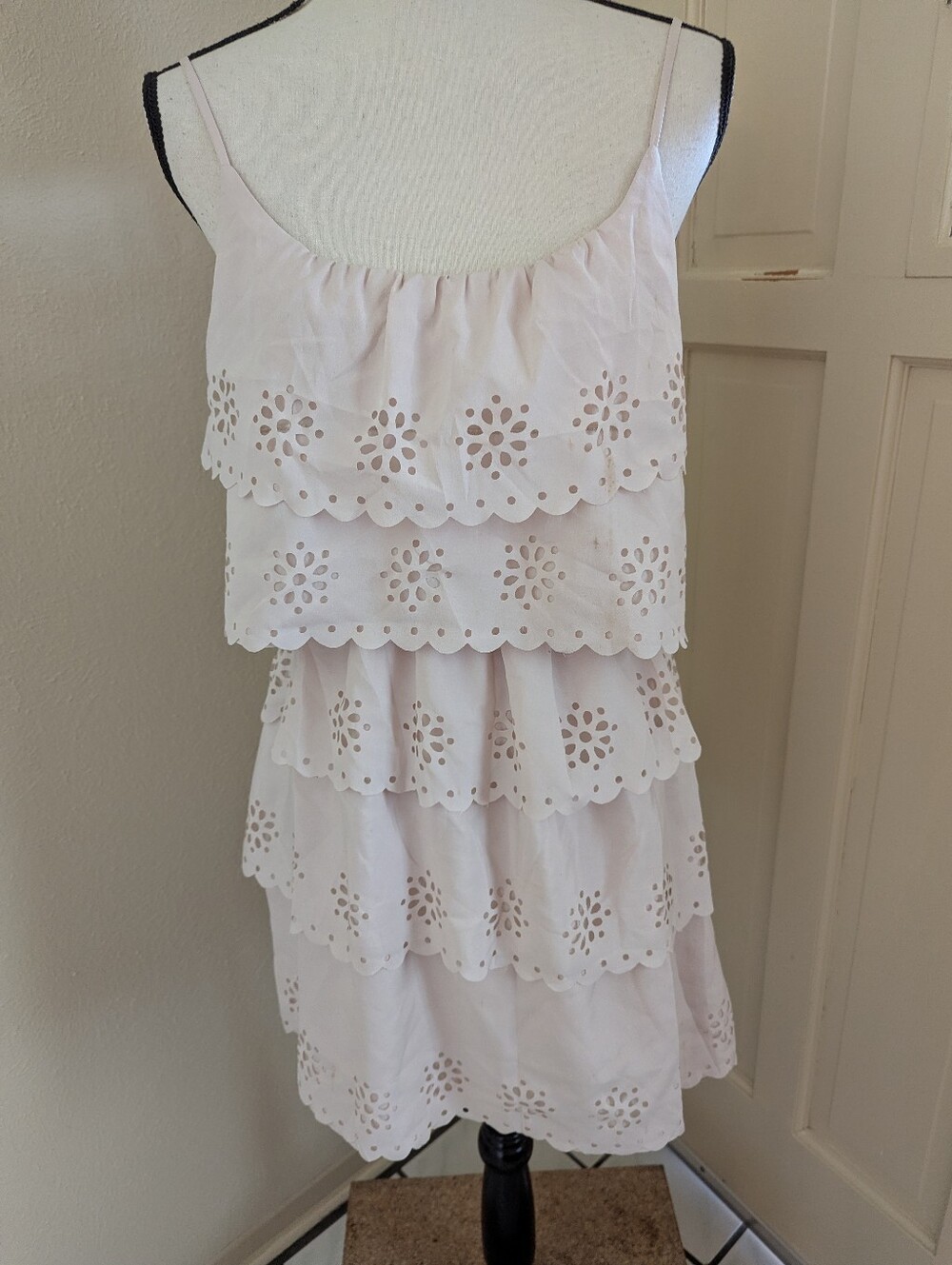 Jr's Light Ivory Tiered Eyelet Spaghetti Strap Minidress.